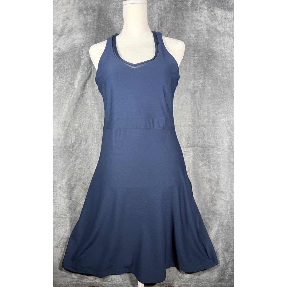 Navy Blue Racerback Athletic Dress with Mesh Back and Zipper Pockets V-Neck